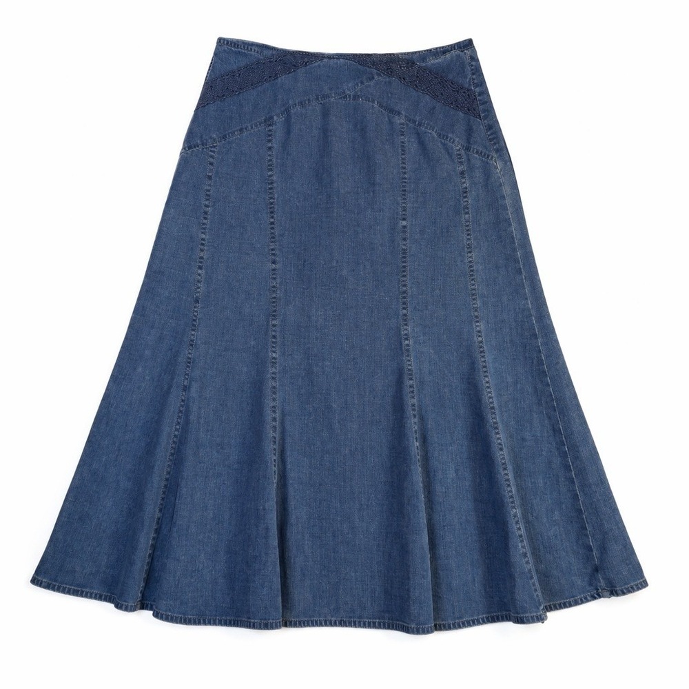 Requirements Linen Skirt 10 Blue Crochet Trim‎ Paneled Flare Midi